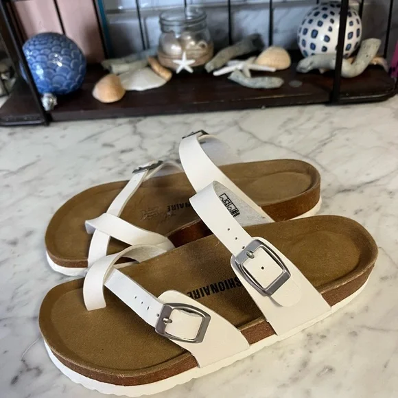 DO NOT PURCHASE.  SOLD Cushionaire White Sandals with Buckles 7W worn once - Picture 3 of 7